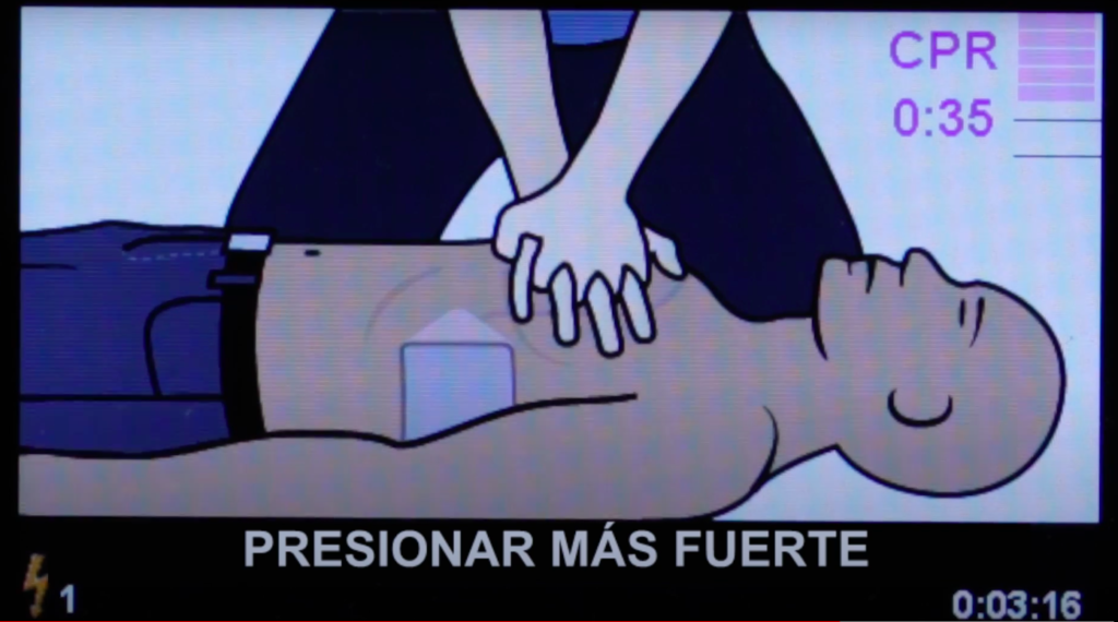 Pantalla DEA Zoll MEdical con el mensaje "Presionar más fuerte"